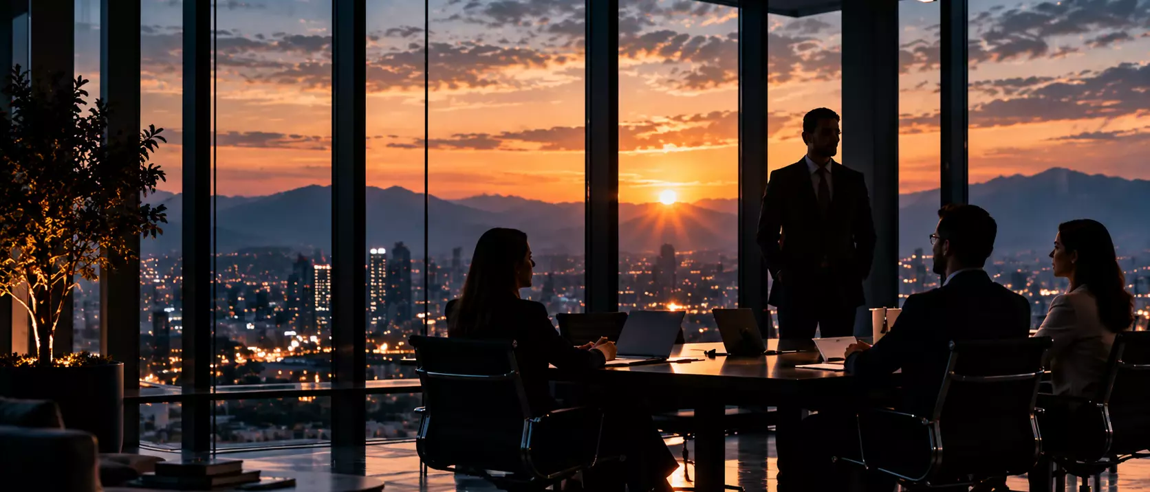 Reunión de trabajo frente a un ventanal con la ciudad al atardecer