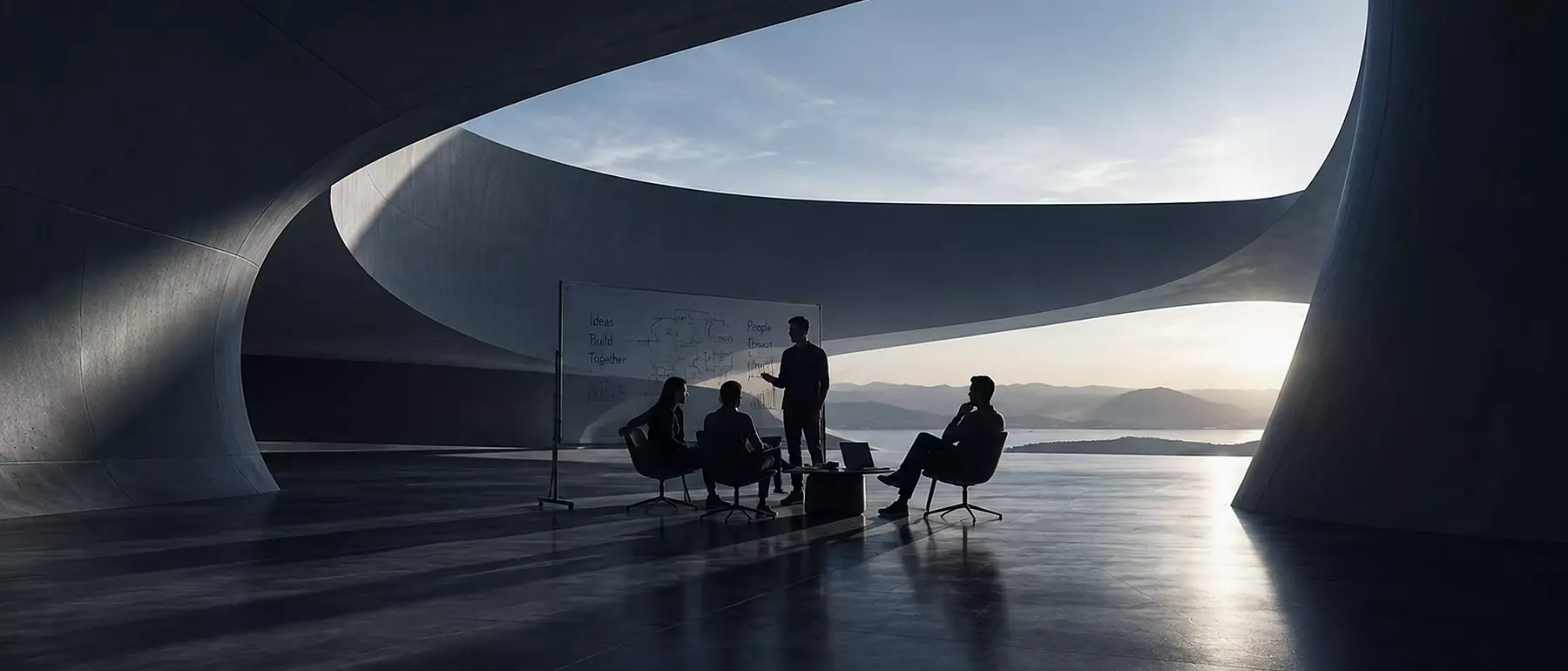 Equipo de trabajo reunido en un espacio de arquitectura curva, frente a un ventanal