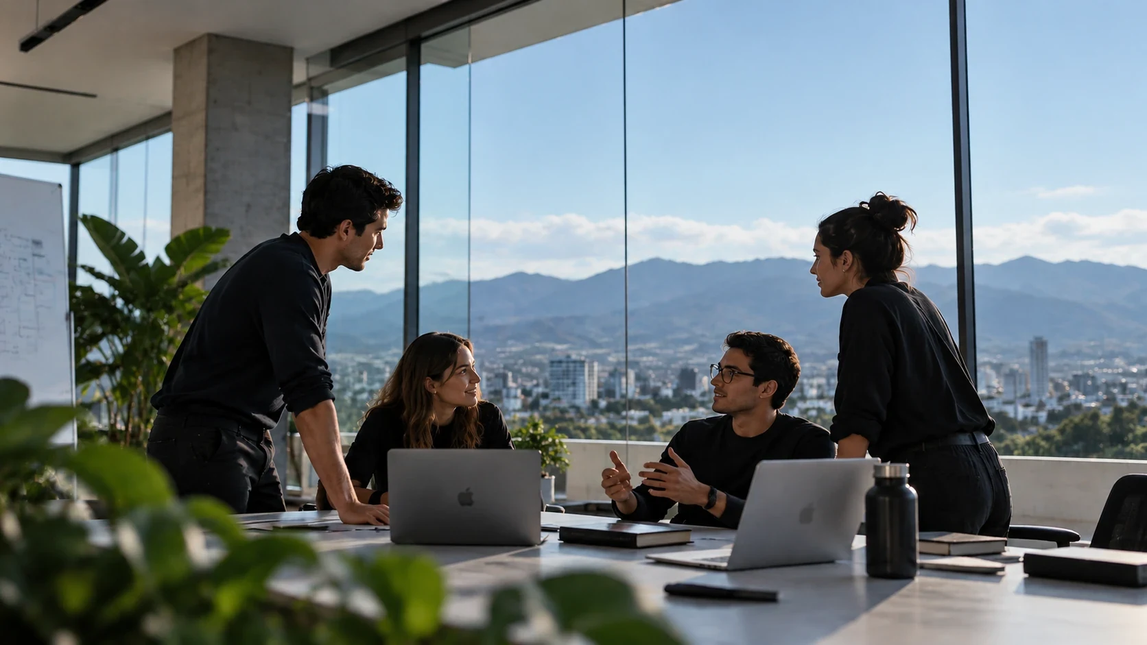Four professionals in conversation around a table, in front of a window overlooking the city and the mountains