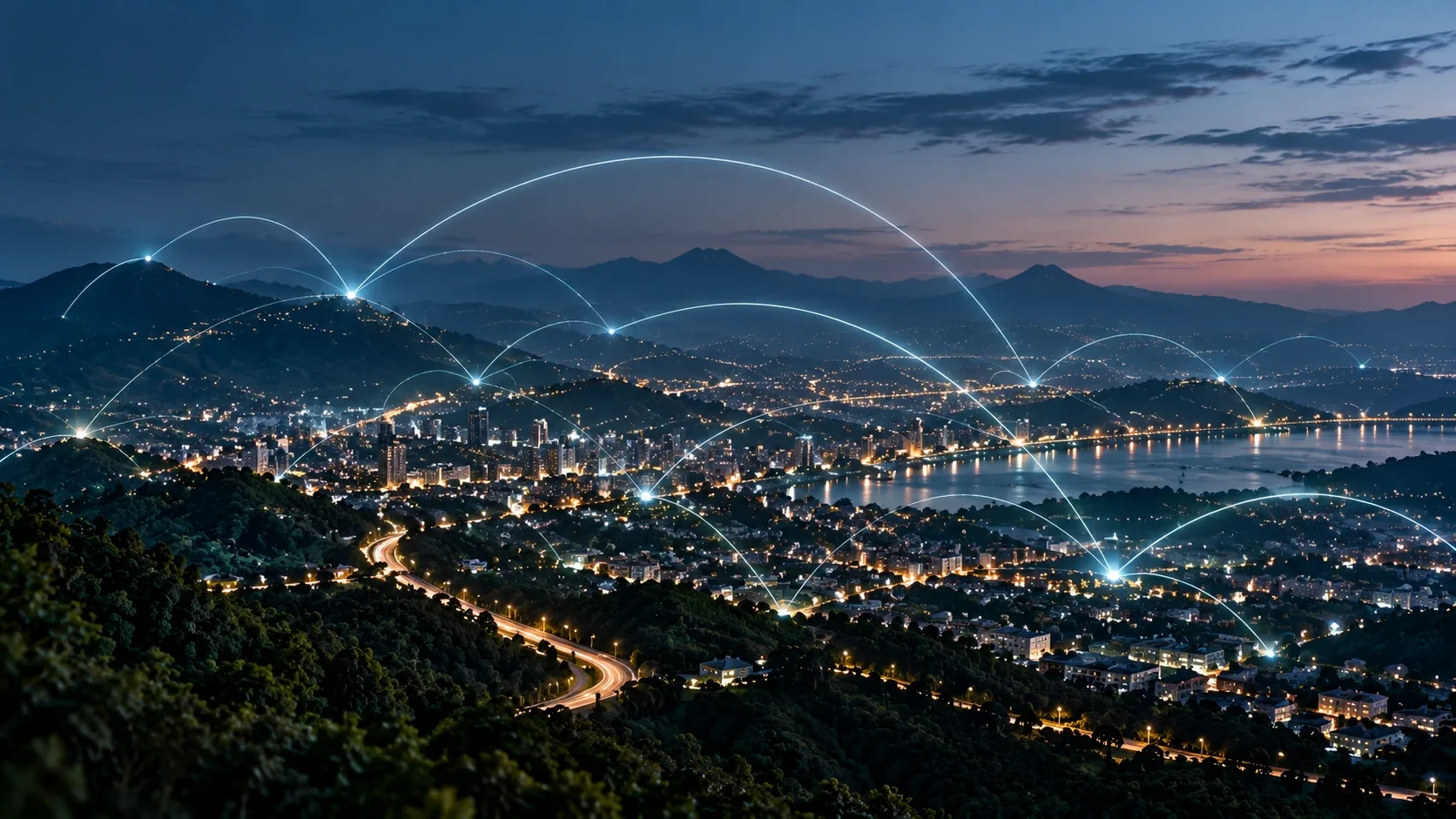 Una ciudad de noche entre montañas, unida por arcos de luz que representan la red de conectividad